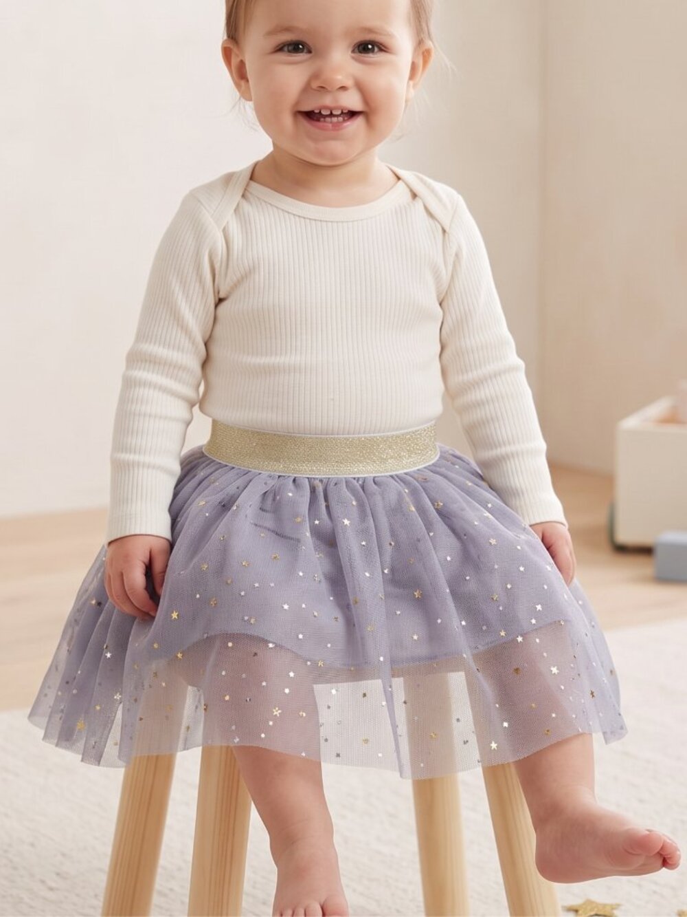 NWOT | Blue Star Print Layered Tulle Tutu Skirt | Glitter Gold Waistband | 2-3T